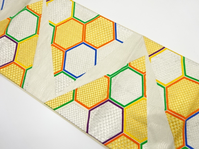 アンティーク　亀甲模様織り出し袋帯（着用可）